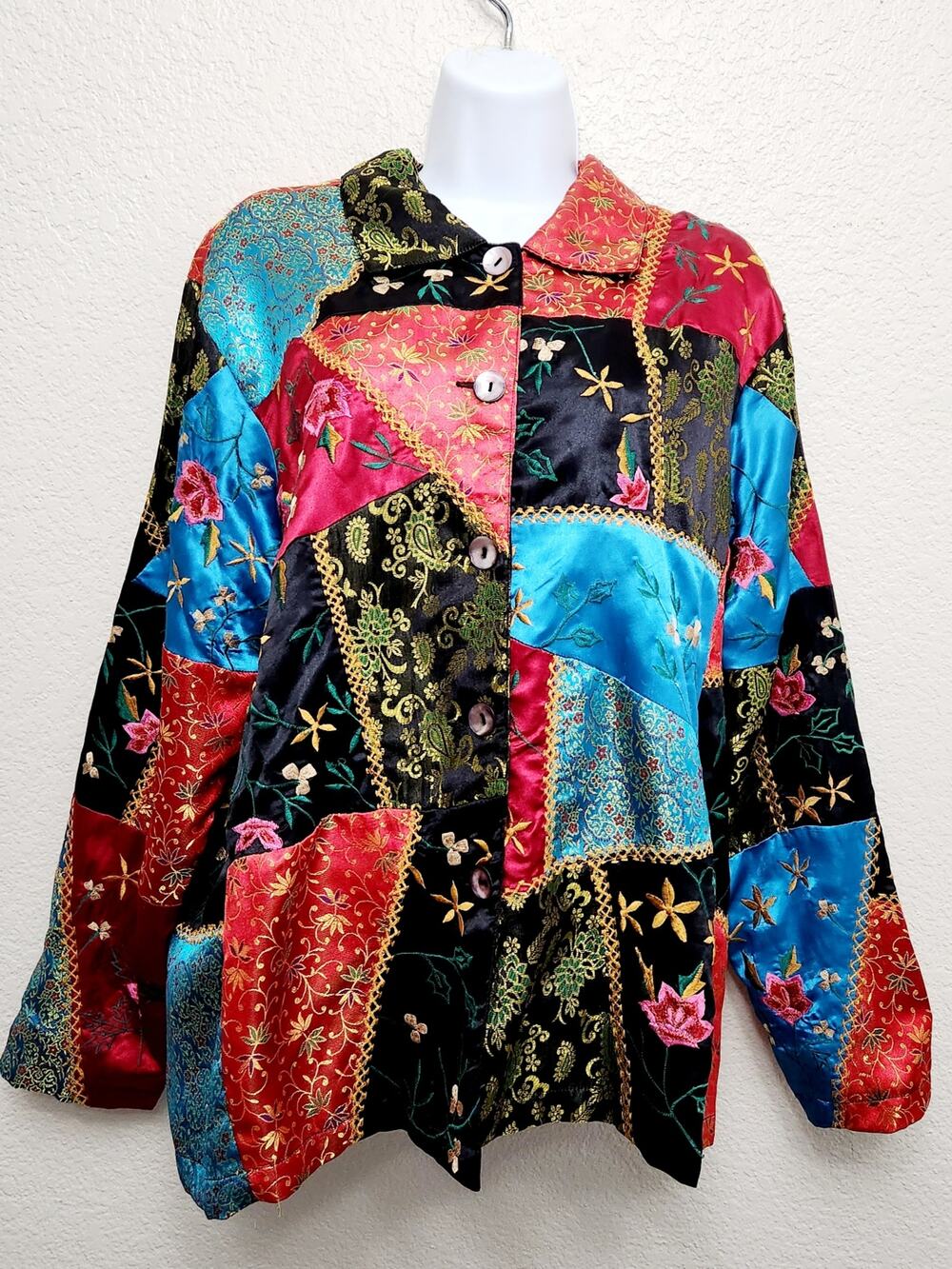 Vintage Coldwater Creek Multicolor Art To Wear Asian Floral Patchwork Jacket XL
